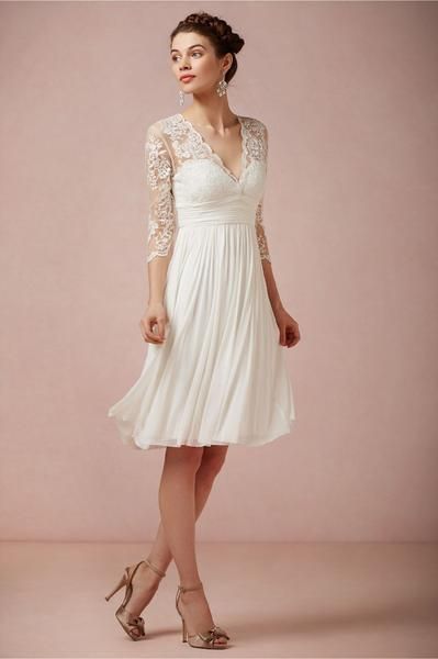 Lace And Chiffon Knee Length Wedding Dress with Full Sleeves and Open Back