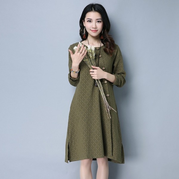 New Autumn Winter Spring Loose Fit Retro Vintage Linen Dress Long Knee  Length Female Cardigan For