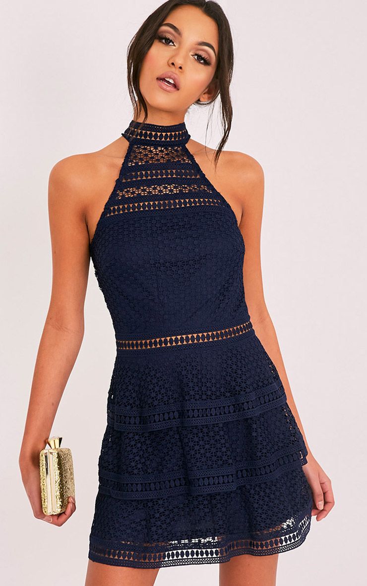 Navy Lace Panel Tiered Bodycon Dress