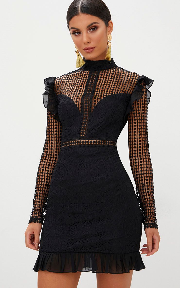 Black Lace Chiffon Frill Detail Bodycon Dress