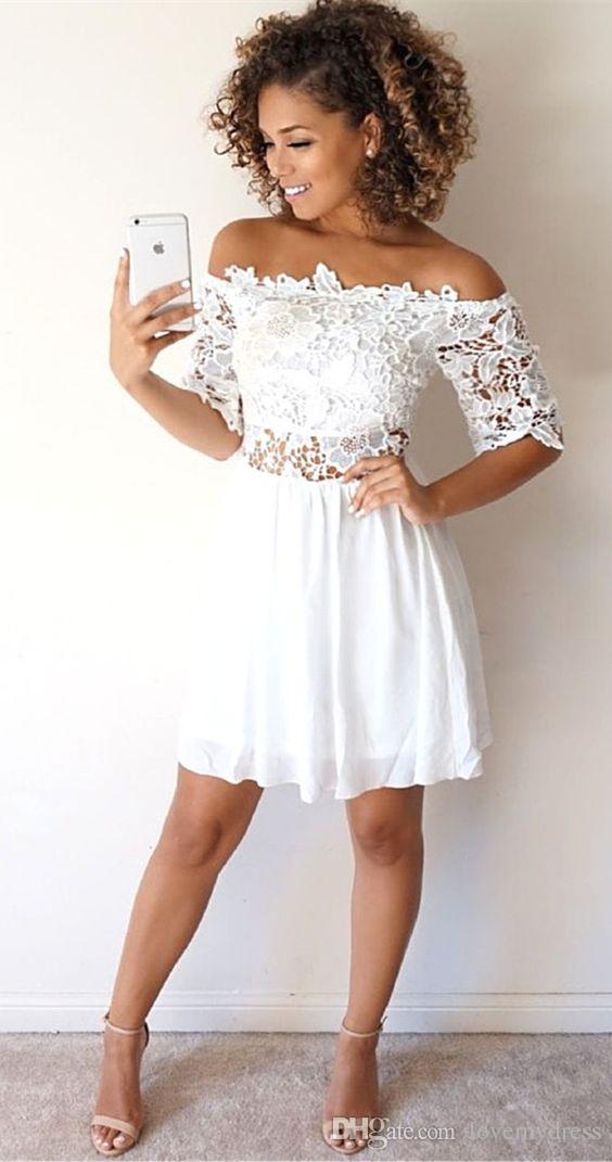 2018 White Lace Short Cocktail Prom Dresses Off The Shoulder Chiffon Two  Pieces Short Sleeves Cheap Designer Homecoming Party Formal Dress Sequined  Cocktail
