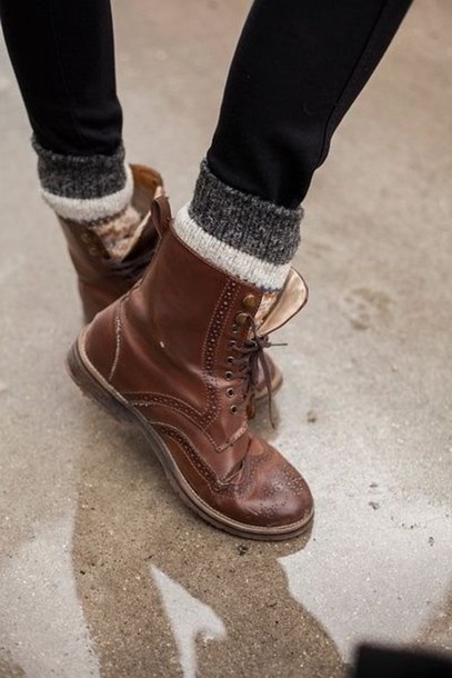shoes boots brown lace up socks rock oxfords flats brogue shoes cute combat boots  brown boots