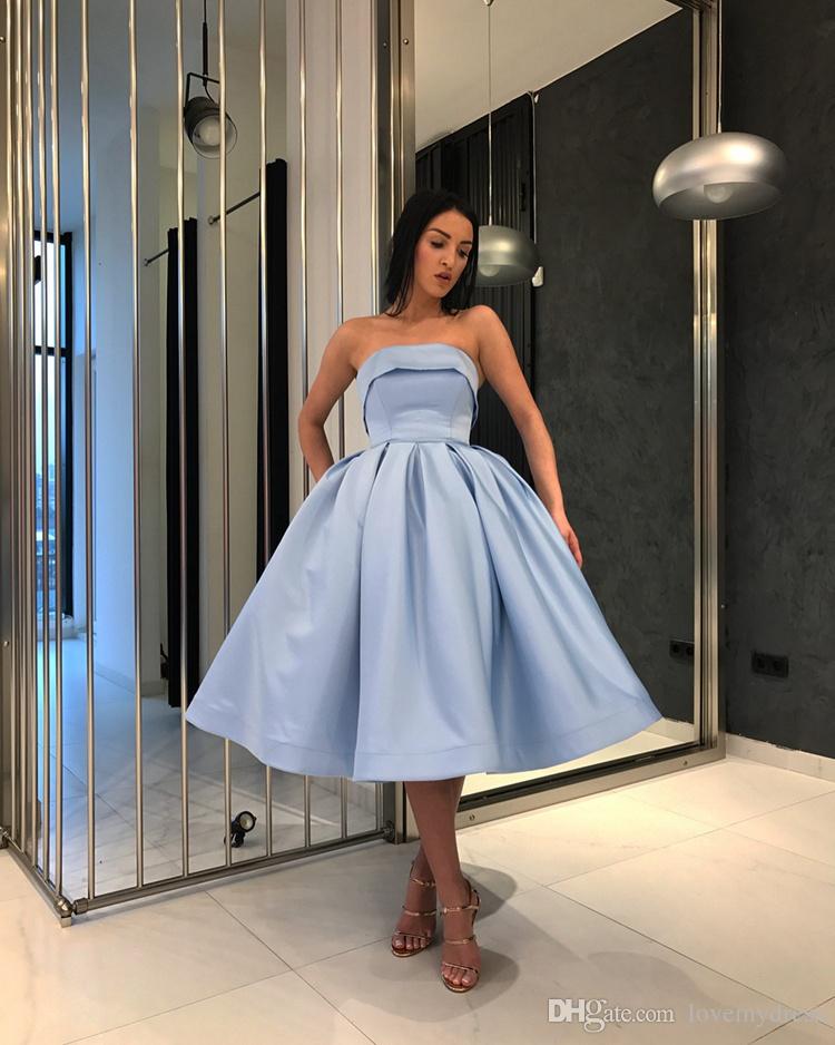 Light Blue Short Evening Prom Dresses For Girls 2018 Simple Under 100  Formal Gowns Strapless Satin Ball Gown Party Homecoming Cocktail Dress  Evening Dresses