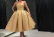 Gold Short Ball Gown Prom Dresses 2018 Plus Size Dubai Yousef Aljasmi  Simple Strapless Corset Back Keen Length Satin Homecoming Party Gowns Prom  Dresses