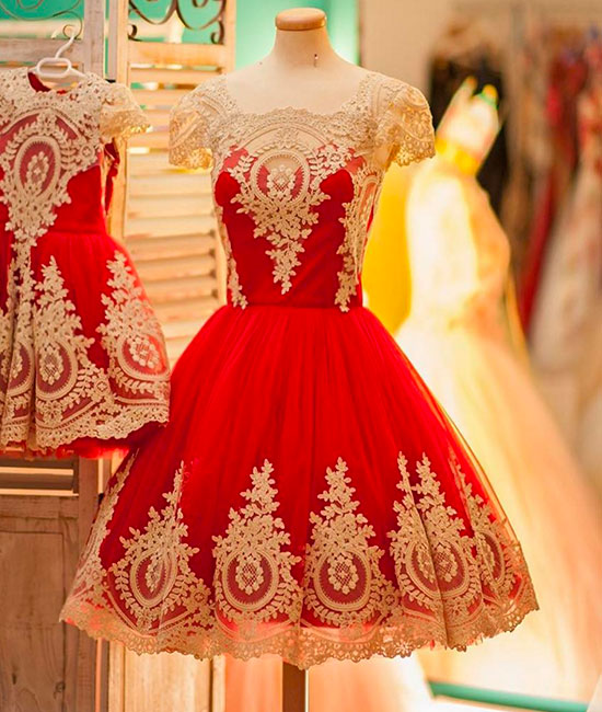 Cute red lace short ball gown prom dress, cute homecoming dress