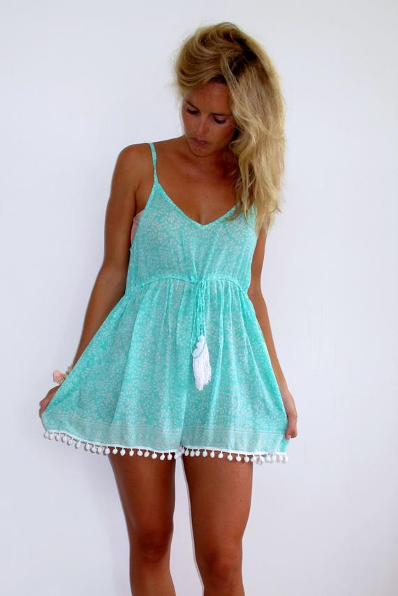 Mint Pom Pom Jumpsuit / Playsuit, Short Beach Dress, Mint Green and White  Print Skort Shorts with Wh