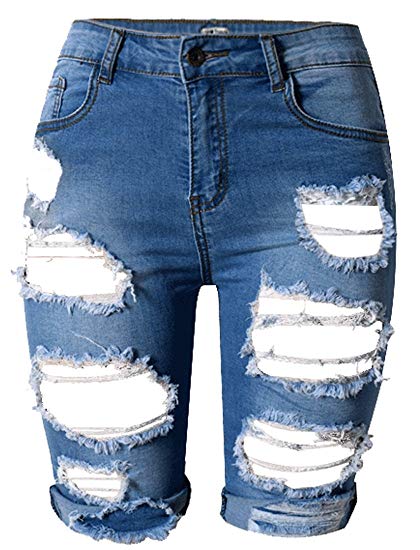 OLRAIN Womens High Waist Ripped Hole Washed Distressed Short Jeans 4 Blue