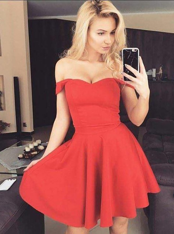 A-Line Off-the-Shoulder Short Red Satin Homecoming Dress