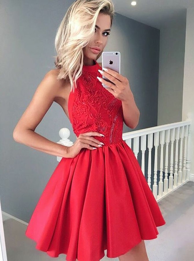 A-Line Halter Sleeveless Short Red Satin Homecoming Dress with Lace Beading