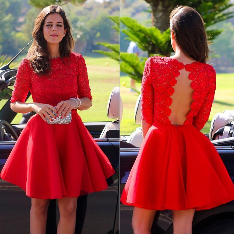 2017 Short Red Graduation Dresses With Short Sleeves Vintage High Neck Lace  Bodice Cut Out Open Back Homecoming Dresses Cocktail Dresses Red Lace  Homecoming