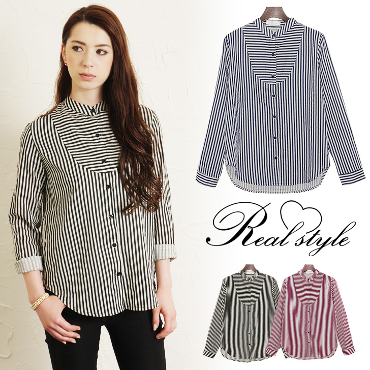 outletruckruck: Simple Strip no collar shirt Womens tops blouse stand neck  high neck put high neck pinstriped border switching long sleeves t-shirt
