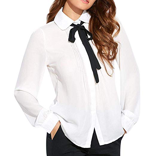 Orangeskycn Womens Turn Down Bow Collar Tie Long Sleeve Work T-Shirt Ladies Tops  Blouse