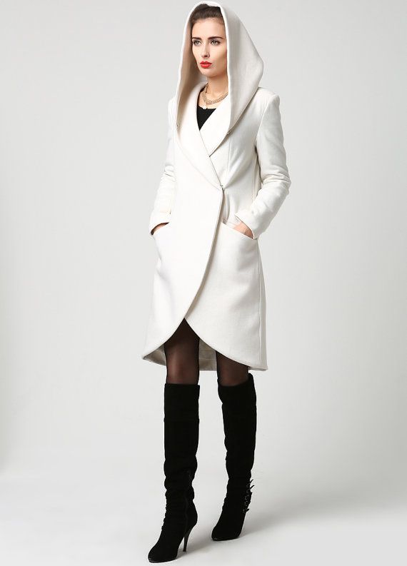 White coat, hooded coat, winter coat, women coat womens coats, wool jacket  ,wrap coat, short coat,wrap jacket, Mod clothing,custom made 1119