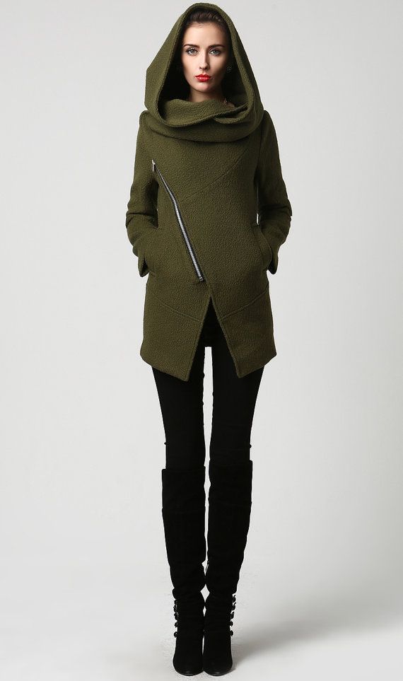 Moss Green jacket, short coat, wool coat, Womens jackets, Short Wool Coat, hooded  jacket, Asymmetrical jacket , Unique Womens Coats (1128)