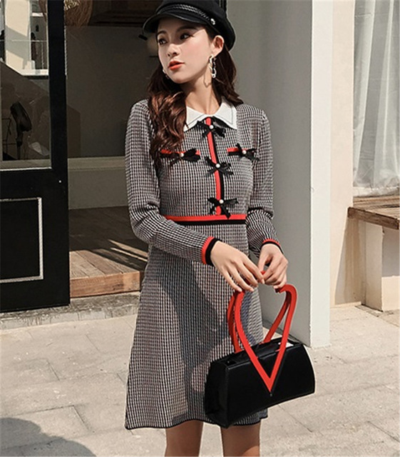 limiguyue women a line dress bow pearls button plaid turn down