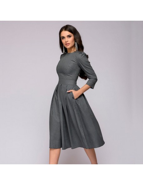 Women Dress 2018 Fall Printing With Pockets Casual Midi Party Dress