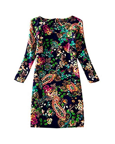 Women's Floral Print Shirt Dress 3/4 Sleeve Pockets Vintage Dresses