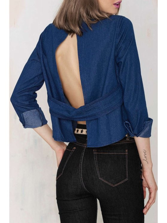 2019 Denim Backless Shirt Collar Single-Breasted Shirt In BLUE XL