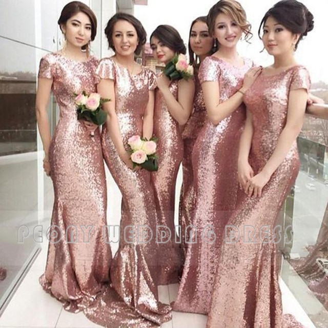 Shinning Mermaid Rose Gold Bridesmaid Dresses Long Women Sequin