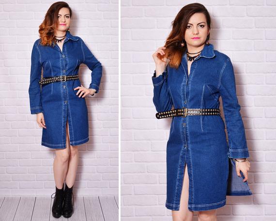 Denim Dress Jean Vintage Jeans Dresses Long Sleeve Buttoned | Etsy