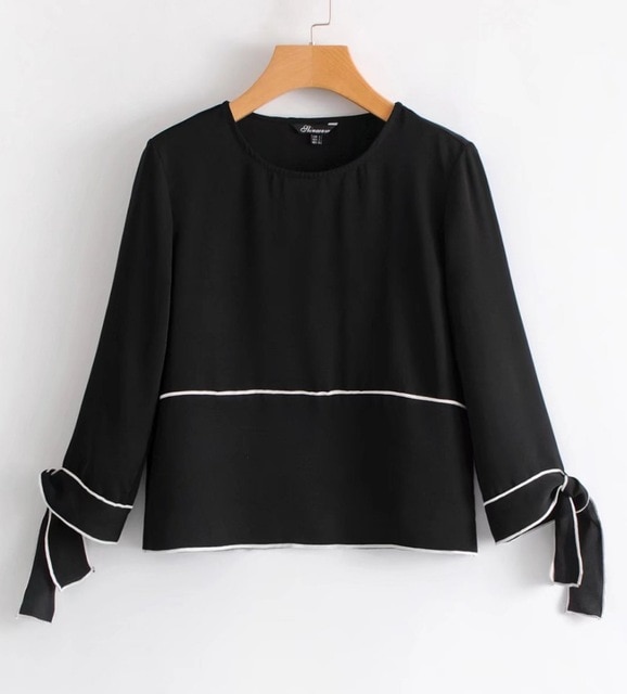 Women 3/4 Sleeve Black Blouses And Tops With Contrast Piping And Bow