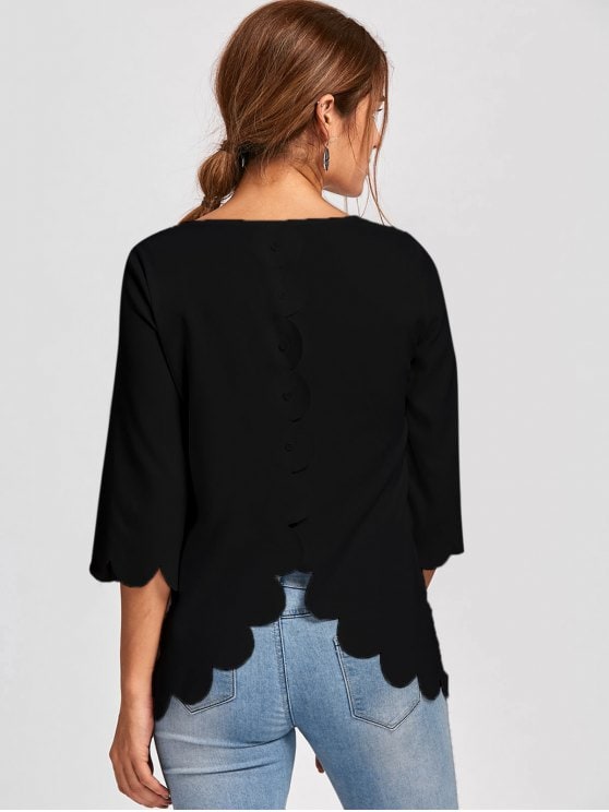 34% OFF] 2019 Button Detail Scalloped Edge Blouse In BLACK XL | ZAFUL