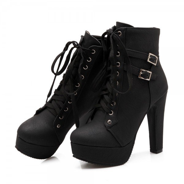 Women's Black Lace Up Boots Platform Chunky Heels Ankle Booties for