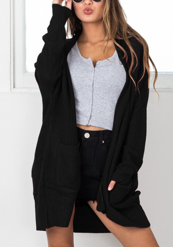 Black Pockets Long Sleeve Casual Knit Cardigan Sweater - Cardigans