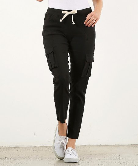 LARA Fashion Black Drawstring Cargo Pants - Women | Zulily