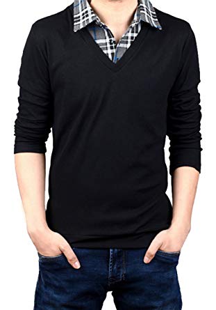 Lyamazing Men's Fake Two-piece Shirt Collar Pullover Sweater at