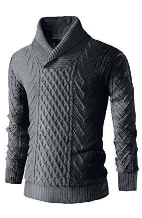 CALI HOLI Mens Cable Knit Shawl Collar Pullover Sweater Dark Grey at