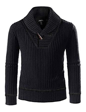 CALI HOLI Mens Ribbed Shawl Collar Pullover Sweater Black With Horn