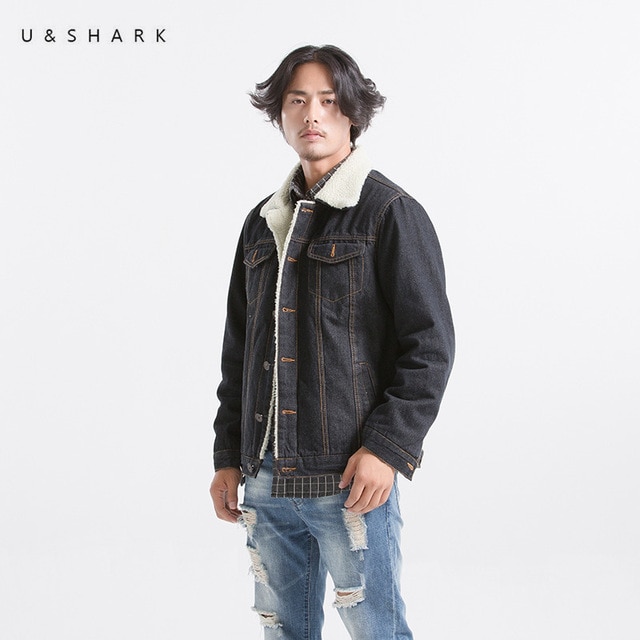 U&SHARK Mens Black Denim Jackets Men Vintage Style Wool Liner