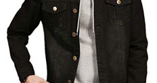Plaid&Plain Men's Black Jean Jacket Slim Fit Distressed Denim Jacket