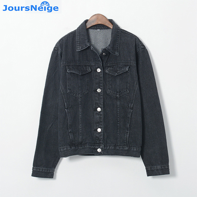 JoursNeige Denim Jacket Women Fashion Vintage Long Sleeve Black Jean