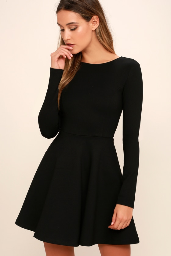 Cute Black Dress - Long Sleeve Dress - Skater Dress