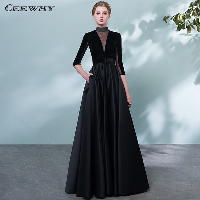 CEEWHY High Collar Vintage Black Evening Dress Plus Size Formal