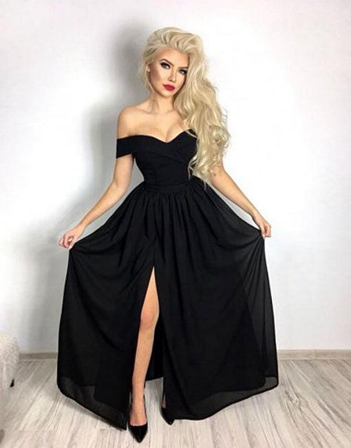 Simple Black Chiffon Long Prom Dress, Black Evening Dress,Evening