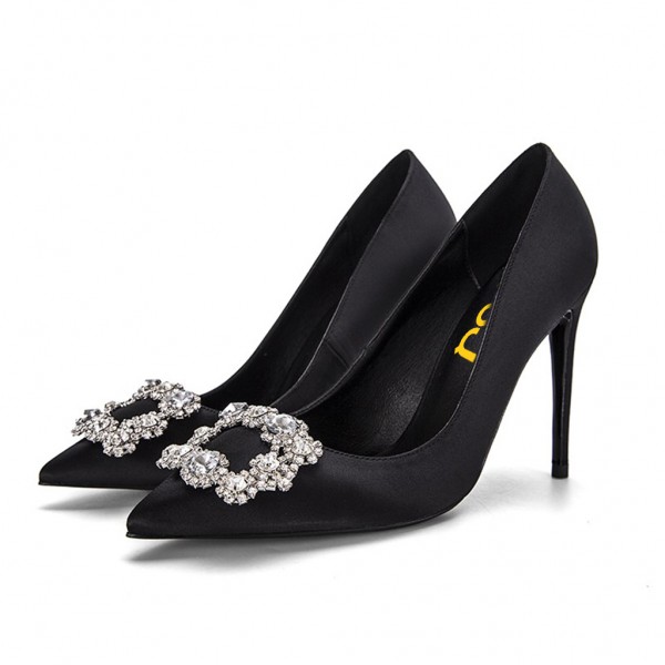 Black Rhinestone Heels Satin Pumps Evening Shoes for Prom for Music