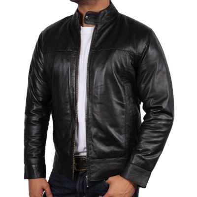 Men's Black Leather Biker Jacket - Bradley