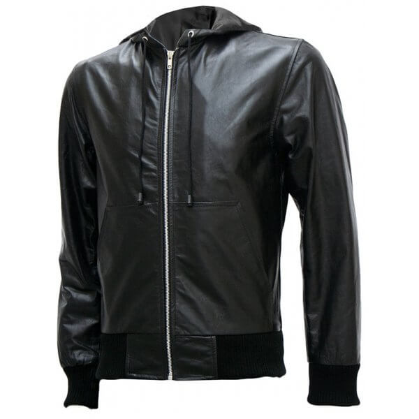 Black Bomber Leather Jacket with Hoodie | Leather Jacket Master