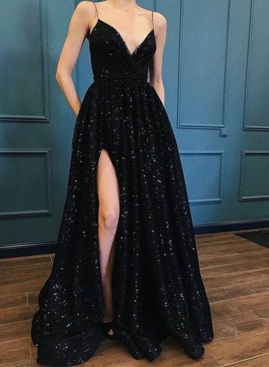 Hot Sexy A-Line Spaghetti Straps Black Long Prom/Evening Dress with
