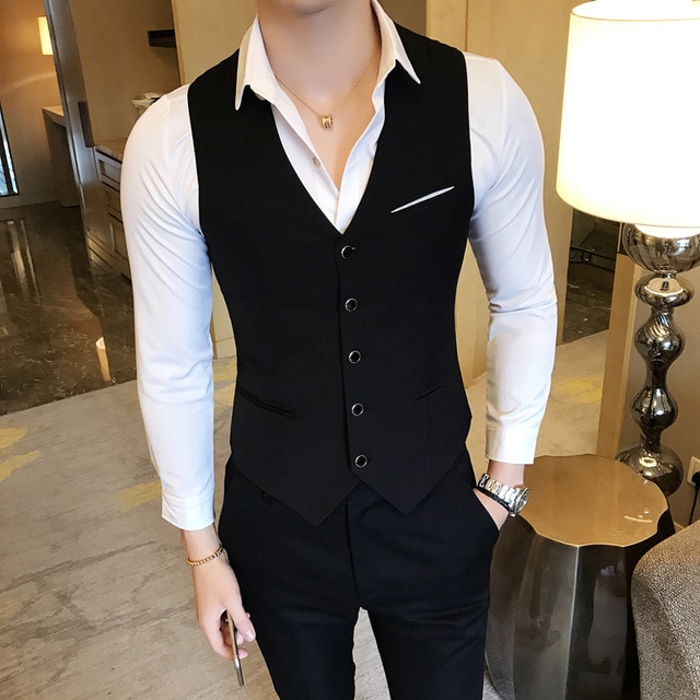 Classic Black Men Waistcoat Single Breasted Dress Slim Suit Vest
