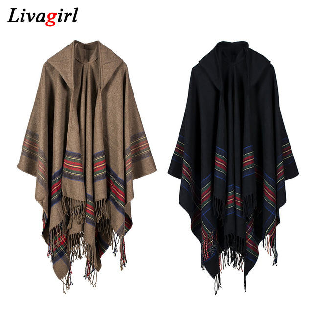 Women Winter Ponchos And Capes Oversize Hooded Black Shawl And Wraps
