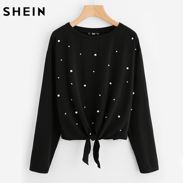 SHEIN Pearl Beaded Knot Front Cute Tee Shirt Black Casual T shirt