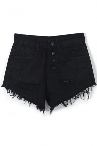 Black Denim Four Button Front Ripped Shorts - takeluckhome.com