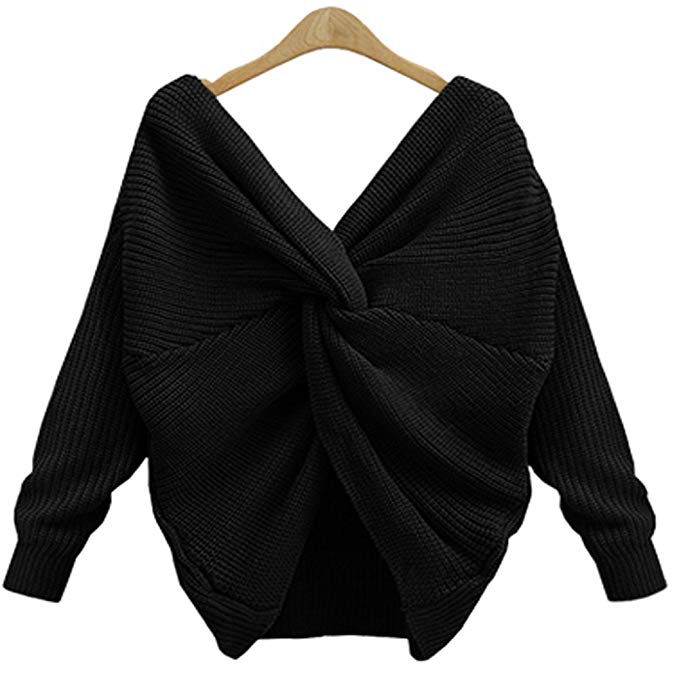 LifeShe V Neck Women Sweaters and Pullovers Twisted Back Jumpers