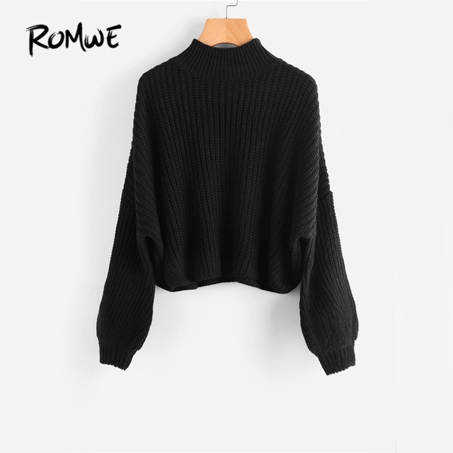 ROMWE Drop Shoulder Black Sweater Loose Pullovers Bishop Sleeve