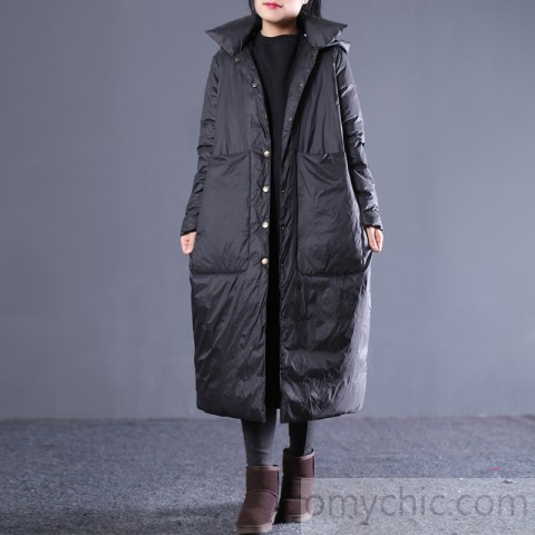 New black winter down coat plus size hooded quilted coat thick Large