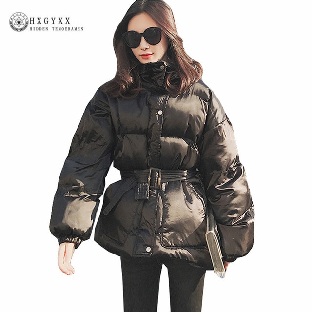 Black Winter Jacket Women Parka Female Belt Cotton Warm Outwear